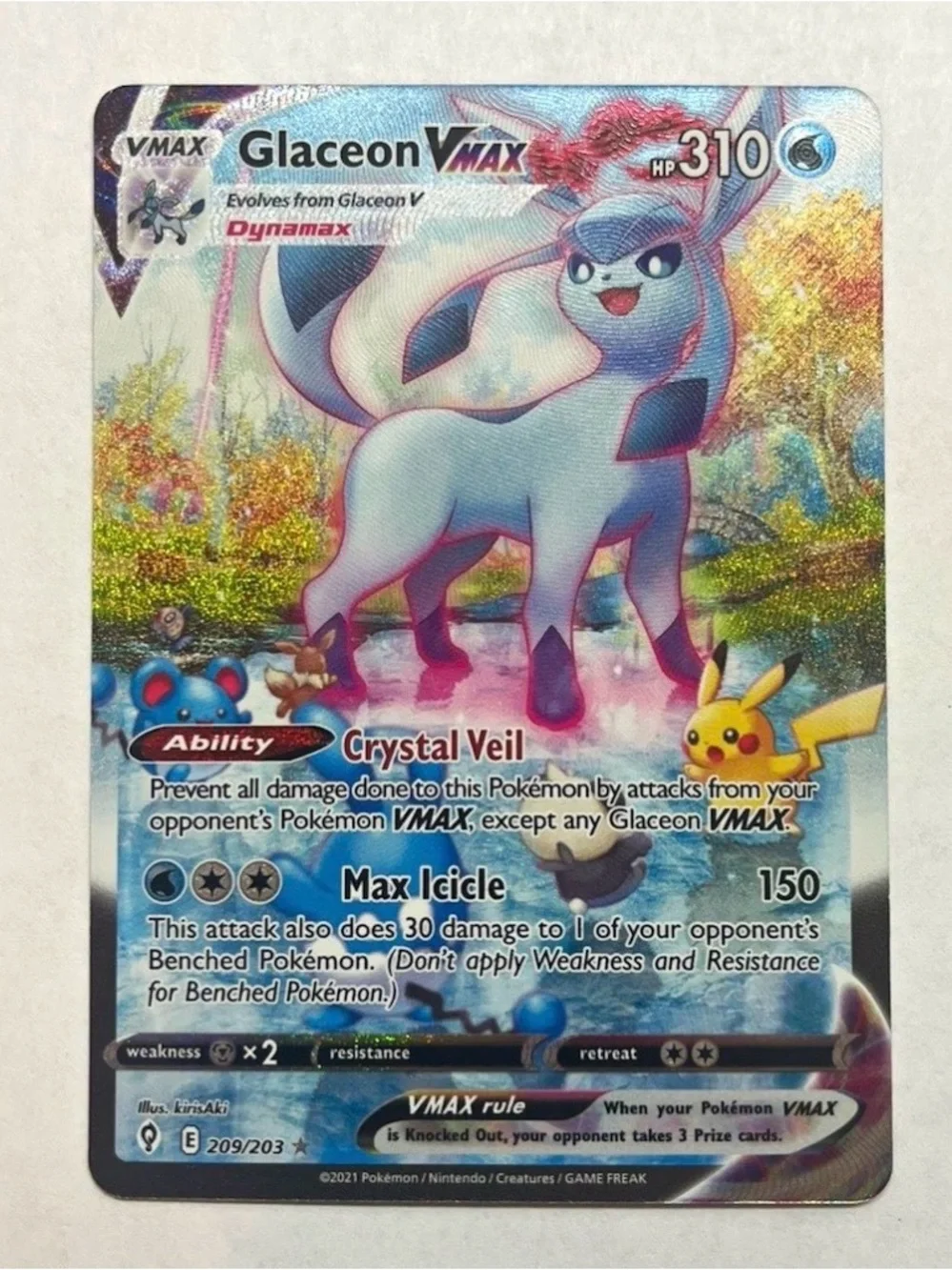 Pokémon TCG Glaceon VMAX SWSH07 Evolving Skies Holo Secret Rare Alt Art 209/203